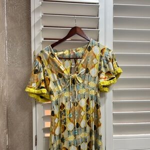 Alexis Multicolor Geometric Dress with Yellow Trim